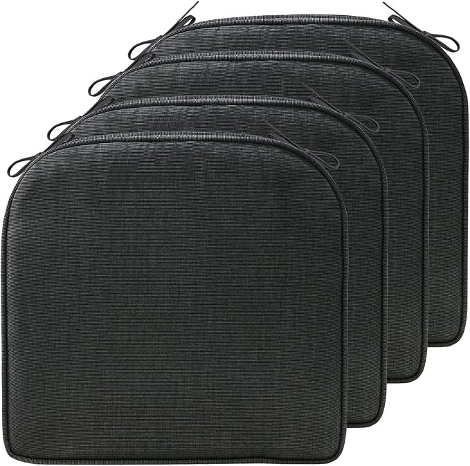17 x 16 Inch Sunbrella Outdoor Chair Cushions with Tie Straps, Set of 4 Thick Water Repellent Round Patio Chair Pads for Garden Lawn Patio Furniture, Canvas Coal