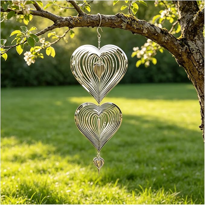 Heart-Shaped 3-Tier 3D Stainless Steel Reflective Hanging Wind Spinners | Outdoor garden yard patio decor, bird deterrent, romantic metal art gift for mom women
