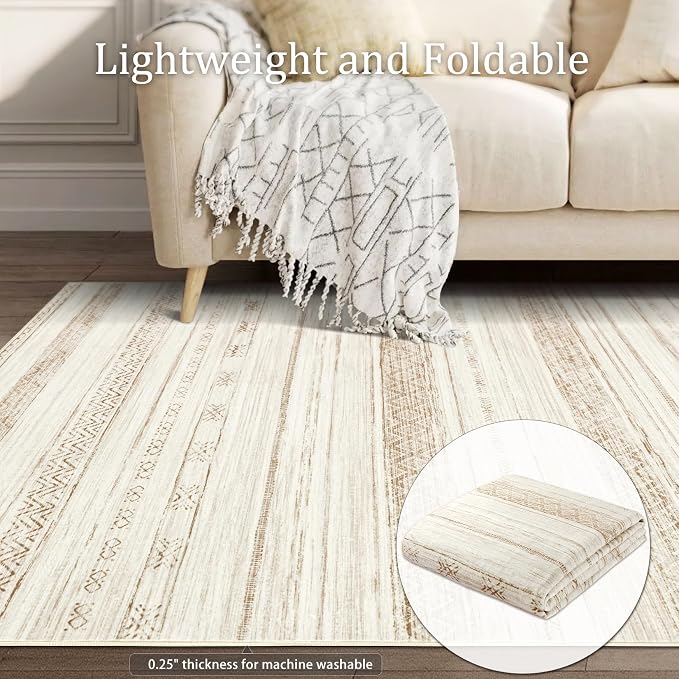 Boraya Area Rugs for Living Room: 8x10 Washable Boho Rug for Bedroom Large Neutral Bohemian Moroccan Farmhouse Geometric Dining Room Rugs Ultra Soft Floor Carpet Indoor for Home Office - Brown Beige