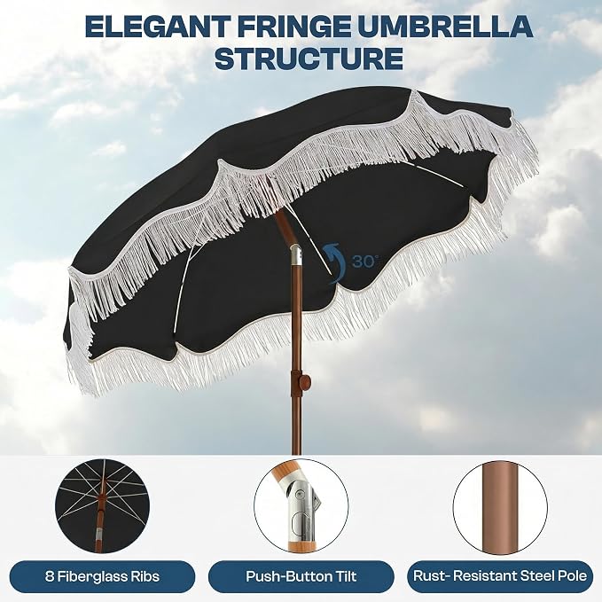7ft Patio Umbrella with Fringe, Boho Beach Umbrellas, Outdoor Tassels Umbrellas with Push Button Tilt & Carrying Bag, 8 Windproof Fiberglass Ribs, UPF50+