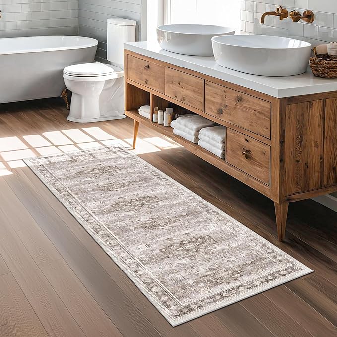 Boho 2x7 Long Runner, Neutral Farmhouse Hallway Rug, Small Throw Runners for Bedroom, Bathroom, Kitchen, Vintage Floral Decor & Non-Slip Low-Pile Washable Stain Resistant, Latte Beige