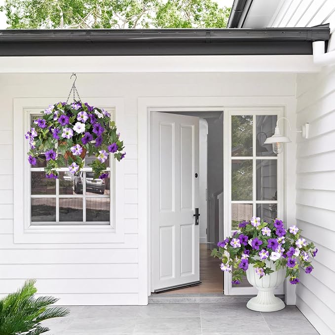 Ammyoo Artificial Hanging Fake Flowers with Basket Plants for Outdoor Decoration, Faux Silk Flower UV Resistant Morning Glory for Home Porch Patio Garden Balcony Yard Look Real (Purple White)