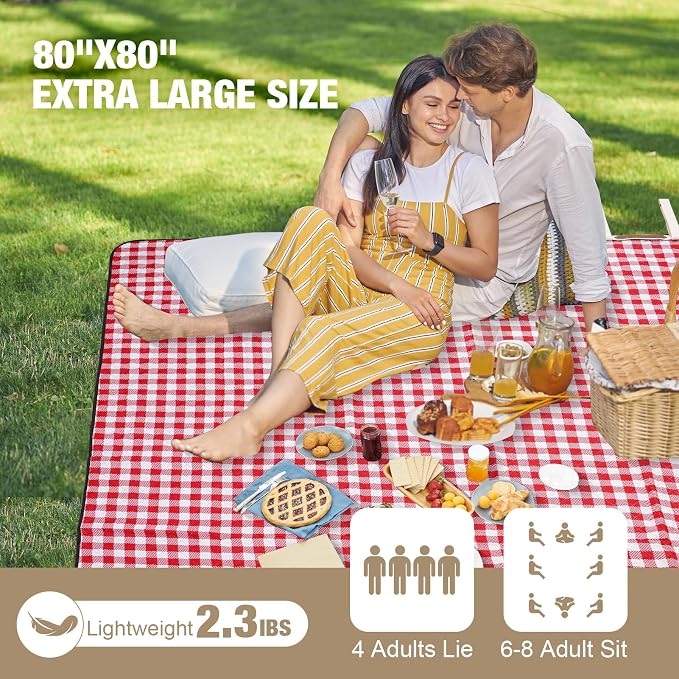 G GOOD GAIN Picnic Blankets Outdoor Extra Large - 80"x80" Portable Waterproof Picnic Blanket, Machine Washable 3-Layer Foldable Park Mat with Sandproof Backing for Grass, Hiking, Travel (Red)