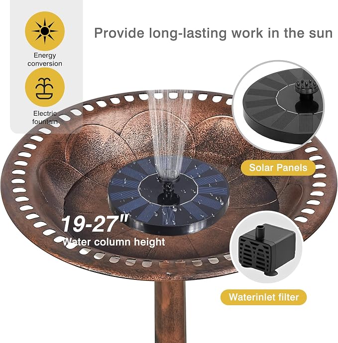 VECELO 28" Pedestal Outdoor Bird Bath with Solar Powered Fountain for Outside, Vintage Bronze Polyresin Lightweight Antique, Yard/Garden Decoration, Bronze