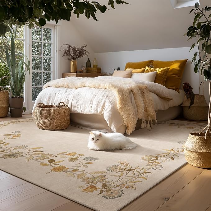 6x9 Area Rugs for Living Room: Washable Bedroom Rug Stain Resistant Non Slip Low Pile Ultra Soft Faux Wool Lightweight Vintage Print Rugs for Kitchen Dining Room Farmhouse Nursery Home Office