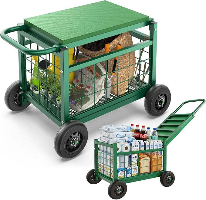 Extra Large Garden Cart with Seat, 3-in-1 Rolling Workseat with Wheels | Upgraded Large Storage Basket Garden Rolling Stools with Wheels, Supports up to 500 LBS for Seniors Gardening, Green