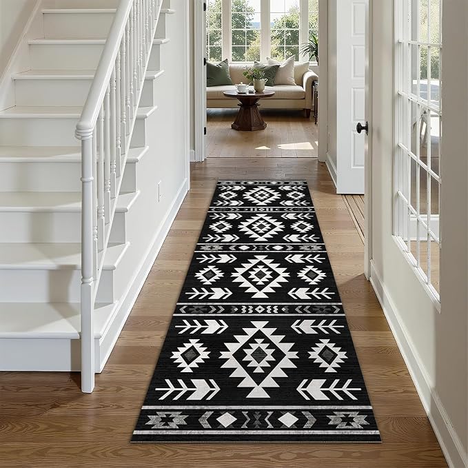 Western Runner Rug 2x6 for Hallway Kitchen Bedroom, Southwestern Aztec Tribal Runner Rugs Southwest Navajo Machine Washable Rug Non-Slip Printed Low-Pile Floor Carpet Mat for Living Room, Black