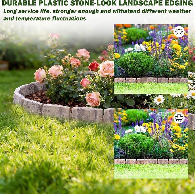 Landscape Edging Faux Stone Edging Garden Edging Border,68FT x 2.75 in Tall Decorative Stone-Look Garden Border for Flower Bed Edging,Yard Edging,Lawn Trees and Gardens,with Anchoring Spikes,Brown