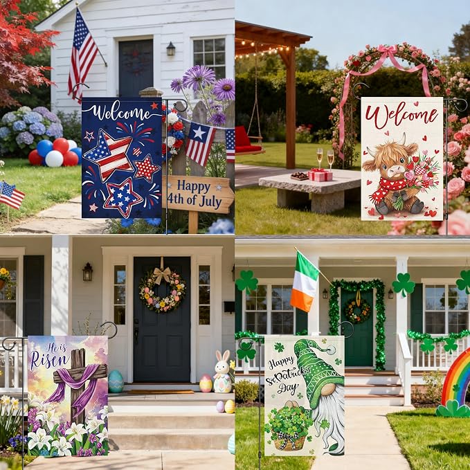 Heyfibro 12pcs Seasonal Garden Flags Set 12x18 Inch Double Sided Burlap, Highland Cow Gnome Outdoor Flag for Spring Summer Fall Winter Halloween Thanksgiving Christmas St. Patrick's Day Easter Decor