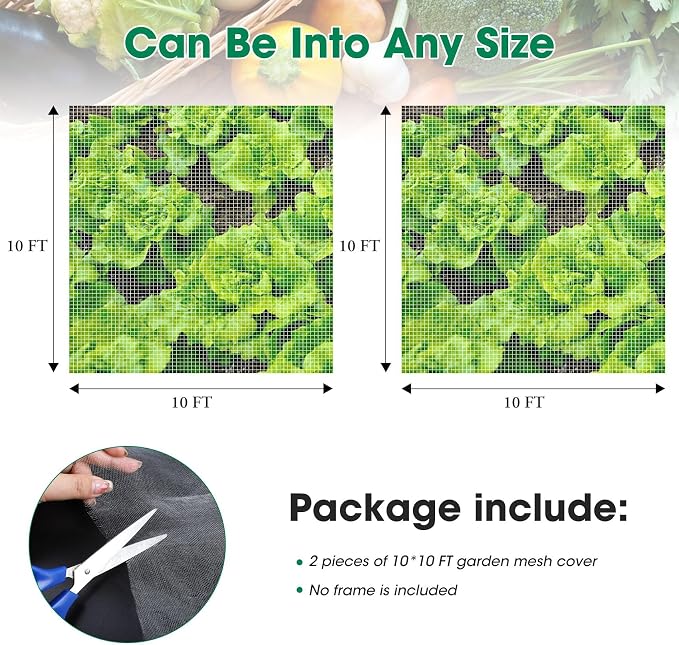 Unves 2 Pack 10 x 10 FT Garden Netting, Insect Bird Mosquito Netting for Garden Protection Vegetable Fruits, Ultra Mesh Raised Bed Plant Covers Protect Plants from Birds Bugs