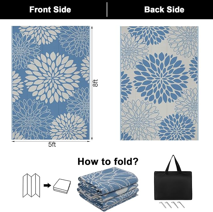 Ileading Waterproof Outdoor Rug 5x8, Reversible Plastic Straw Patio Rug, Portable Indoor Outdoor RV Camping Mat Carpet for Deck, Porch, Balcony, Backyard, Picnic, Floral Dusty Blue