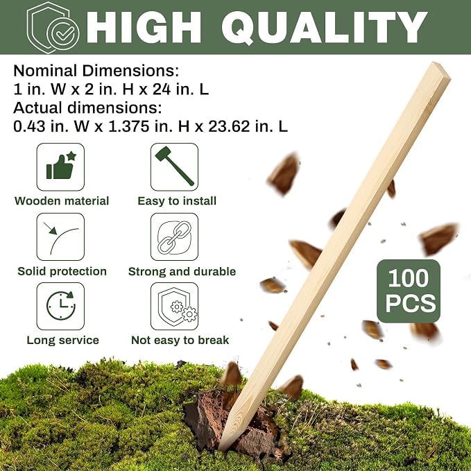 Colingmill Wooden Garden Stakes Grade and Survey Stakes Wooden Garden and Sign Posts for Plant Support Silt Fence Yard Survey Boundaries Baselines (100 Pieces, 24 Inch)