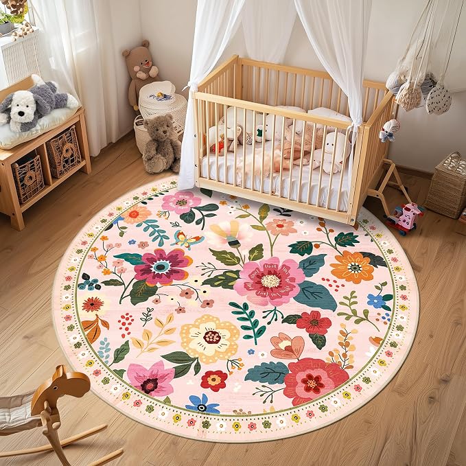 RELEANY Floral Washable Round 6ft Area Rug Pink | Flower Carpet, Print, Boho, Non-Slip, Easy to Clean, Soft, Low Pile for Living Room Bedroom Kitchen Office Entryway Hallway