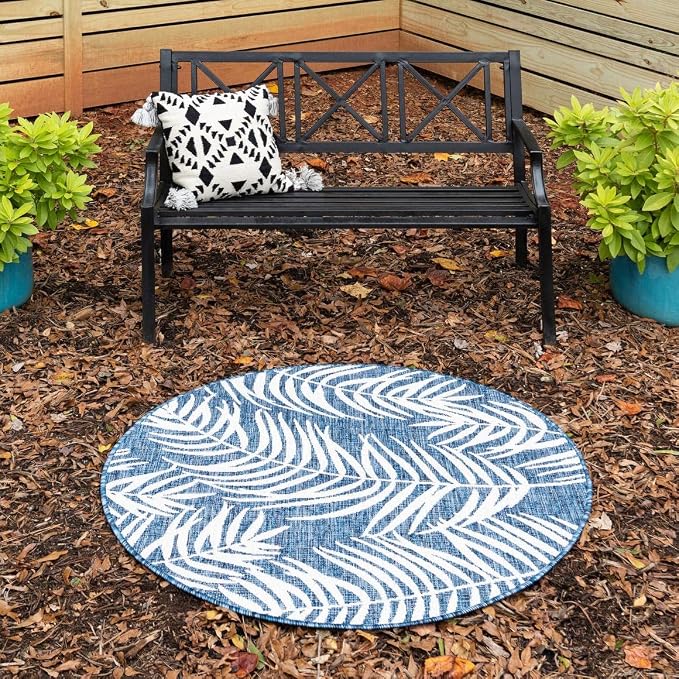 Unique Loom Outdoor Botanical Collection Area Rug - Palm (13' Round, Blue/ Navy Blue)