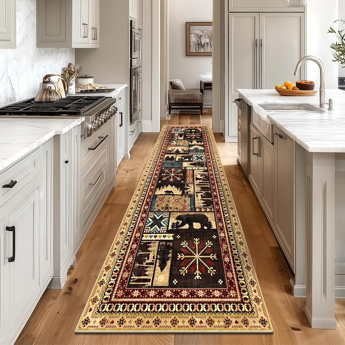LOKHOM 3x10 Hallway Runner Rug, Non Slip Washable Western Cabin Bear Rugs | Bear Pattern, Low Pile Soft Kitchen Rug, Vintage Wildlife Accent Carpet Runner, For Laundry Bedroom Entryway Nursery