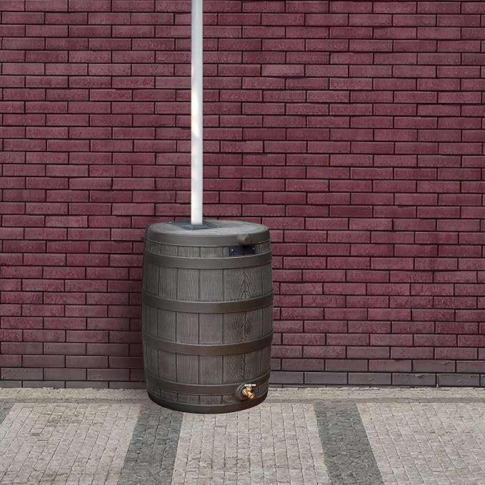 Good Ideas Rain Wizard Water Collection Plastic Barrel Tank System, 50 Gallon, Oak - Portable Outdoor Rainwater Catcher and Storage Drum with Robust Metal Spigot and Fine Mesh Screen