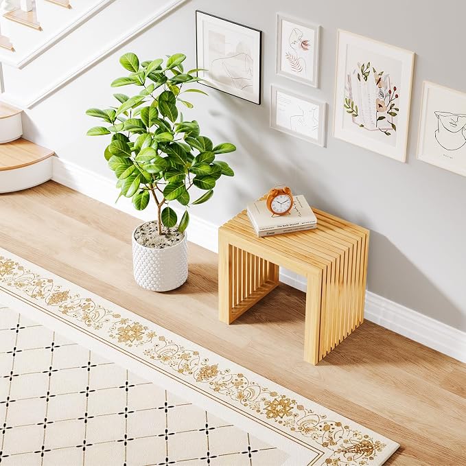 Bamboo Dining Bench, 18'' Slatted Design Entryway Bench, Natural | Modern Solid Bamboo Seating Bench for Indoor & Outdoor Use, Ideal for Kitchen, Hallway, Bedroom