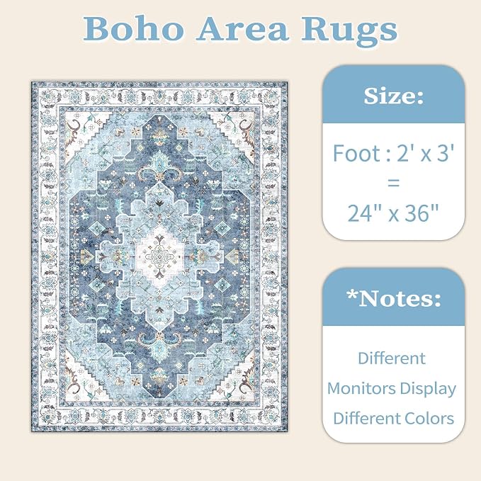 SERISSA 2x3 Washable Non Slip Boho Small Area Rug for Entryway | Ultra Soft Vintage Oriental Carpet Low-Pile Blue Indoor Mat for Bedroom Kitchen Bathroom Entrance Floor