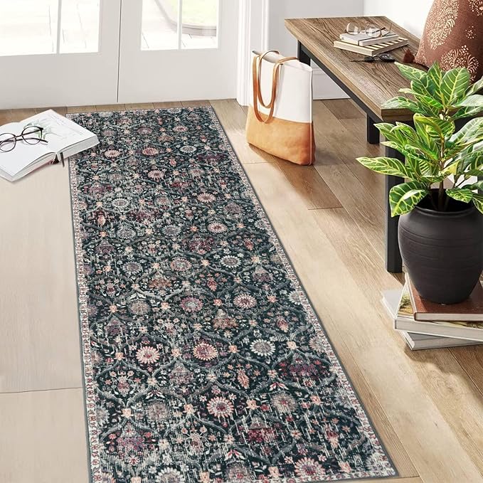 Lahome Moroccan Hallway Rug, 2'5''x8' Washable Kitchen Runner Rugs Non Skid | Non Skid Runners for Hallways Ultra-Thin Oriental Carpet for Laundry Room Bedroom Bathroom Elise, Black Multi