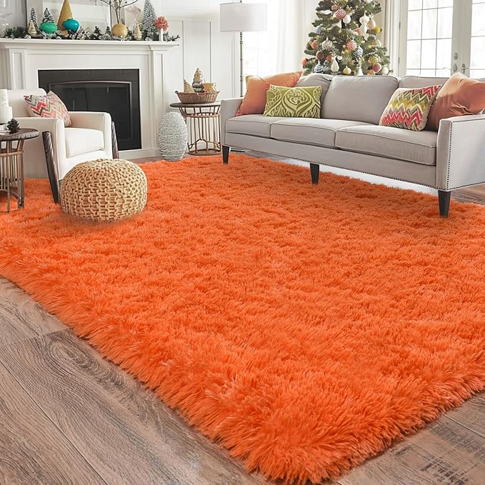 Soft Shag Rugs for Bedroom, Fluffy Washable 4x6 Orange | Upgrade Non-slip, 4 x 6 Shaggy Rugs for Living Room, High Pile Fuzzy Plush Carpet Kids Room Dorm, Flame Resistant