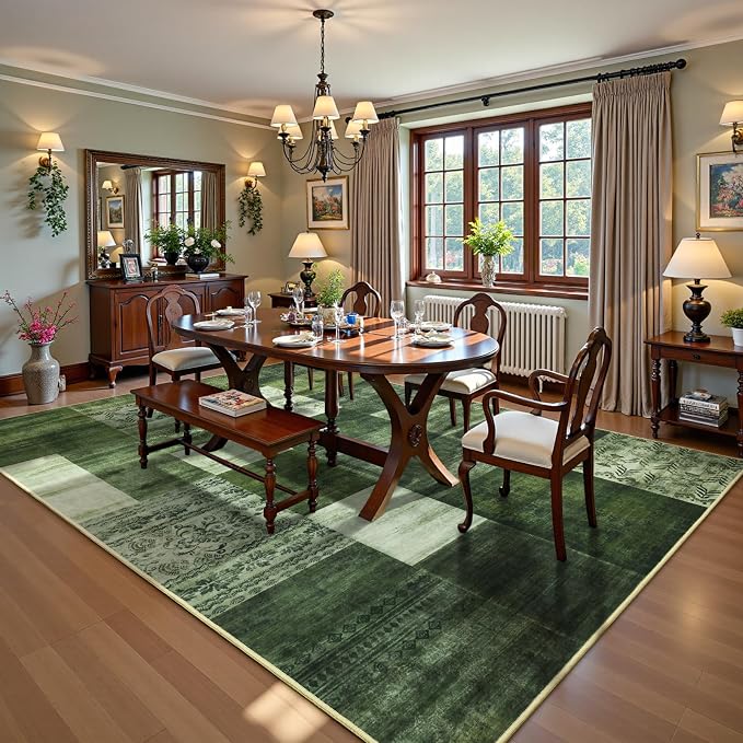 Washable Area Rugs 8x10 for Living Room, Large Modern Geometric Green Soft Patchwork Carpet, Non-Slip Stain Resistant Throw Rug for Bedroom Dining Room Office Home Decor