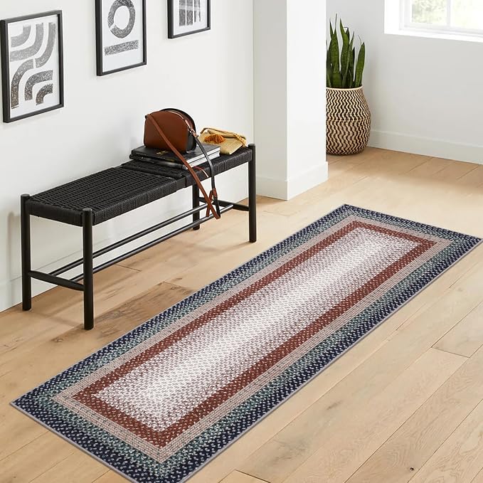 RUGSREAL Hallway Runner Rug 2x6 Braided Machine Washable Kitchen Rugs | Low Pile Farmhouse Runner Non Slip Stain Resistant Rustic Runners Modern Printed Carpet for Living Room Bedroom, Olive/Brown