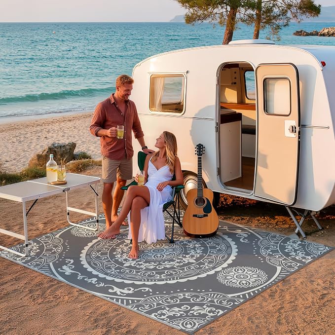 Pauwer Waterproof Outdoor Rug 8x10, Reversible Plastic Straw Patio Camping Rug, Indoor Outdoor RV Mat Carpet for Deck, Camper, Porch, Balcony, Backyard, Picnic, Paisley Grey