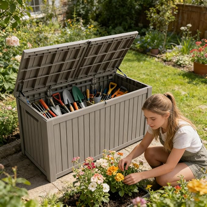 200 Gallon Outdoor Storage Box Resin Deck Box All Weather Waterproof Large Lockable Storage Container Deck Box for Patio Furniture, Garden Tools, Lockable, Gray