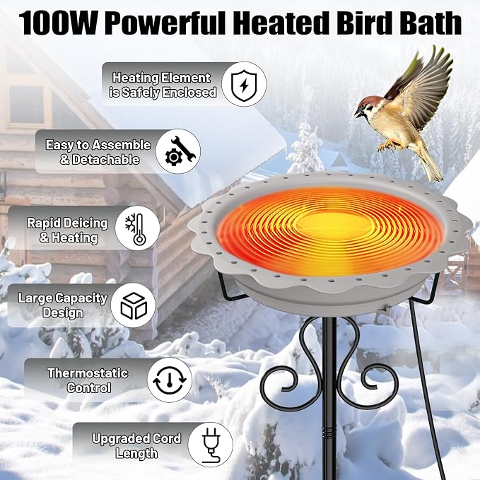 Heated Bird Baths for Outdoors, 100W Heated Birdbath Bowl for Outdoors for Winter with 5-Prong Metal Base Thermostat Control, Heated Bird Bath for Outside Winter Garden Patio Yard Lawn (Gray)
