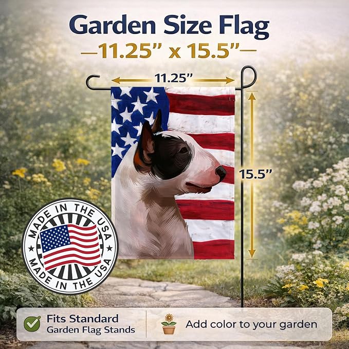 Caroline's Treasures CK6466GF Bull Terrier Miniature American Flag Garden Flag Mailbox Flag Decorative Yard Flag Banner Outside Patio Artwork Yard Flower Beds, Garden Size, Multicolor