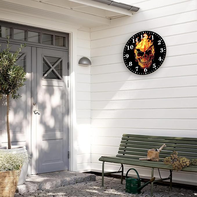 Wall Clock, Fire Skull Silent Non Ticking Battery Operated Round Decorative Indoor Outdoor Clocks for Living Room Kitchen Bedroom Bathroom Patio 12"
