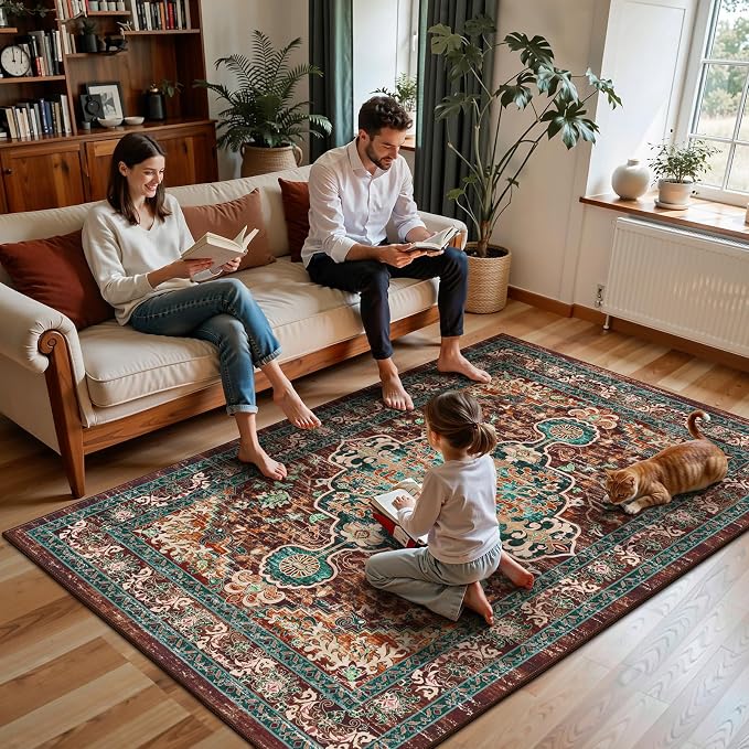 U'Artlines Boho Vintage Area Rug 5x7 Machine Washable Carpet, Rust＆Teal | Low Pile, Non Slip, Ultra-Thin Soft Floor Carpet, Accent Rug for Living Room Bedroom Entryway Dining Room Office