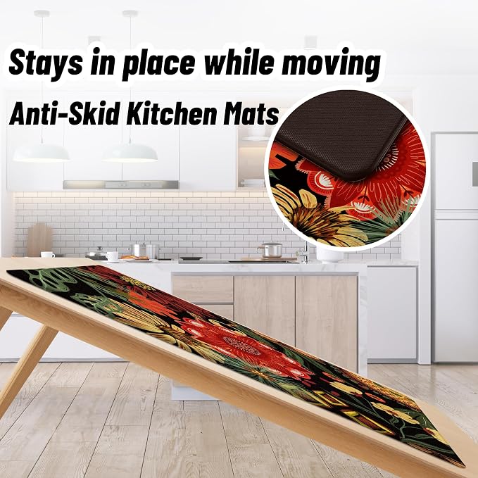 Tyrot Black Boho Floral Long Kitchen Mats Rugs Sets of 2 Cushioned Anti Fatigue Floor Mat Comfort Kitchen Rugs Farmhouse Style Non Slip Waterproof Mid Century Botanical Standing Mat for Sink Laundry