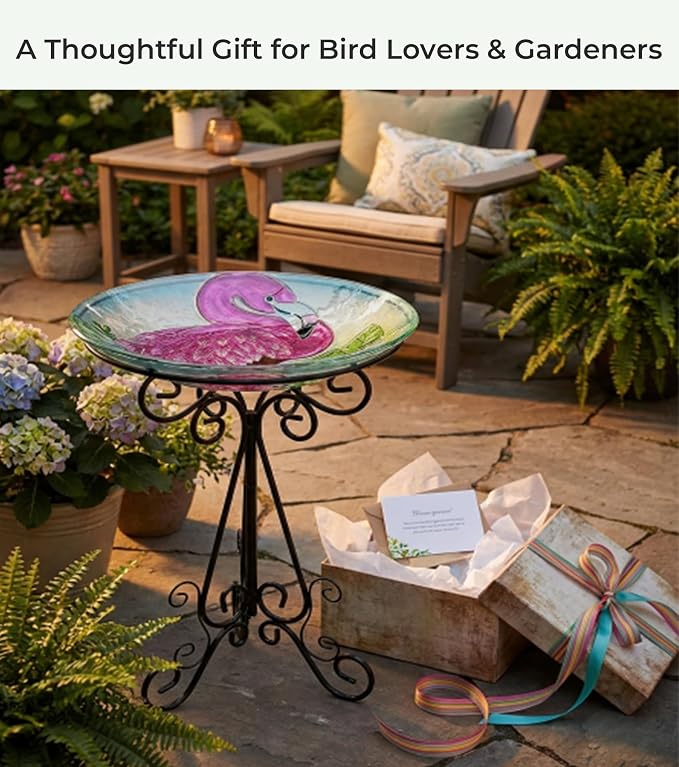 Large Bird Bath for Outside, 18" H Glass Bath Bowl with Metal Stand 28" H Standing Outdoor Birdbaths for Garden Yard Lawn Decor, Flamingo