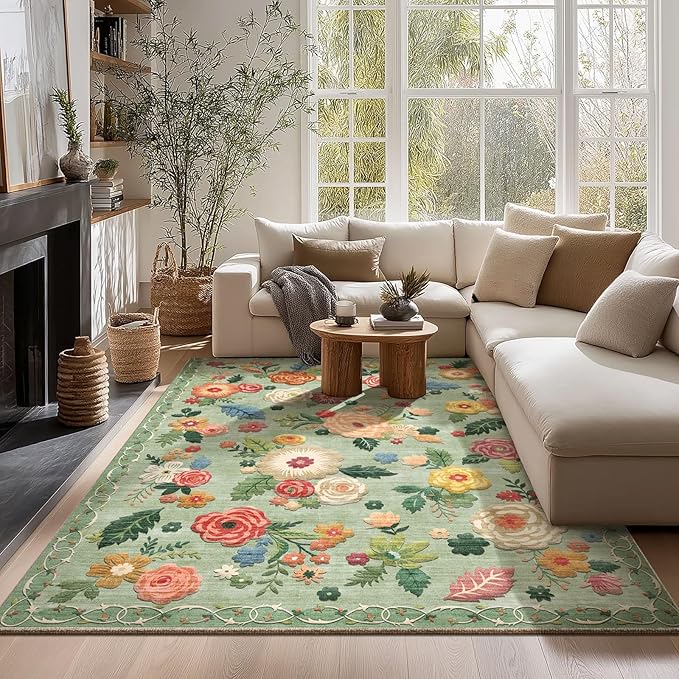 5x7 Area Rugs for Living Room: Washable Bedroom Rug Non Slip Low Pile Soft Faux Wool Non Shedding Lightweight Distressed Vintage Green Floral Large Carpet for Dining Room Entryway Farmhouse Office