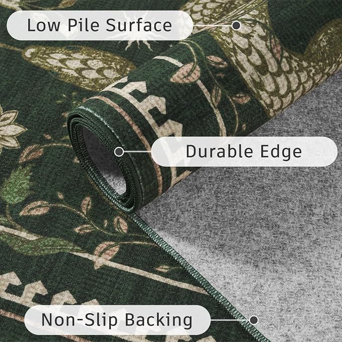 DCX 6x9 Washable Snake Rug for Living Room, Non Slip Low Pile Rug, Dark Green