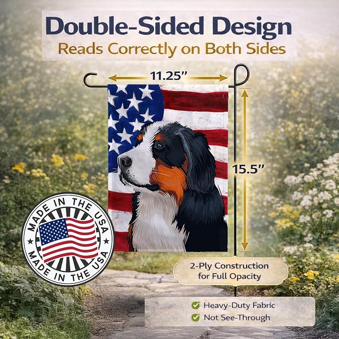 Caroline's Treasures CK6433GF Bernese Mountain Dog American Flag Garden Flag Mailbox Flag Decorative Yard Flag Banner Outside Patio Artwork Yard Flower Beds, Garden Size, Multicolor