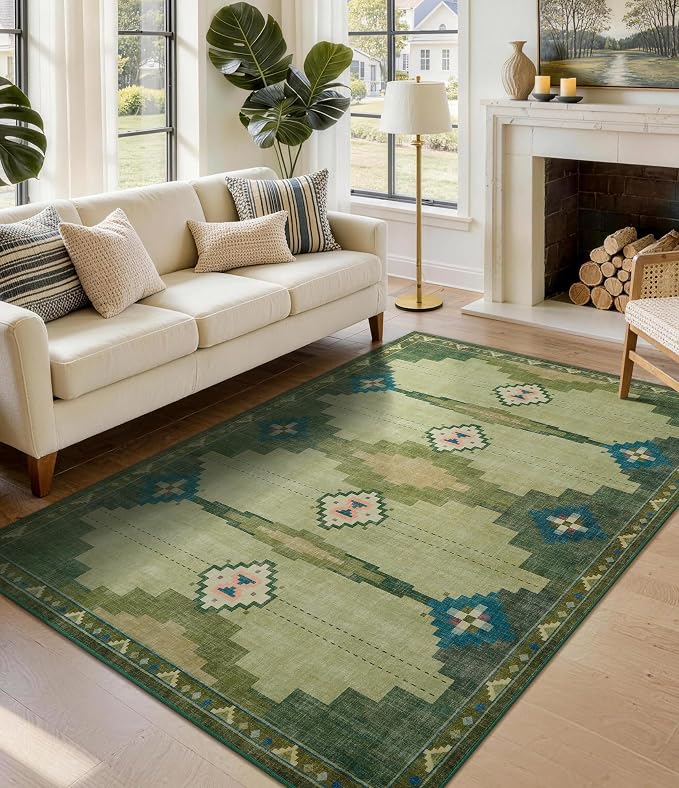 8’x10’ Washable Green Mid Century Modern Area Rug for Living Room | Soft, Non-Slip, Low Pile, Funky Retro Aztec Large Rug for Bedroom Dining Room Playroom, Green