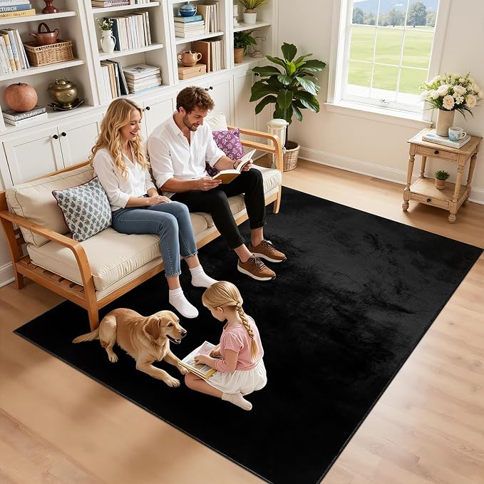 SHACOS 3x5 Ultra Soft Fluffy Faux Rabbit Fur Area Rug, Non Slip Machine Washable Padded Living Room Rugs, Cozy Indoor Modern Carpet for Bedroom Dining Room Kids Room Dorm Floor Mat, Black