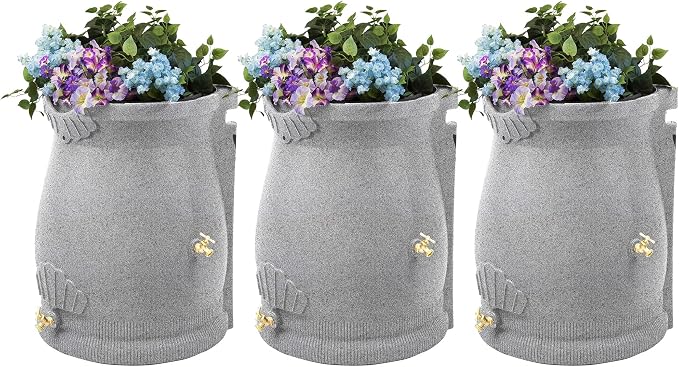 Good Ideas Rain Wizard 50 Gallon Rain Saver Barrel Water Storage Urn with Planter Space and 2 Brass Spigots, Light Granite (3 Pack)