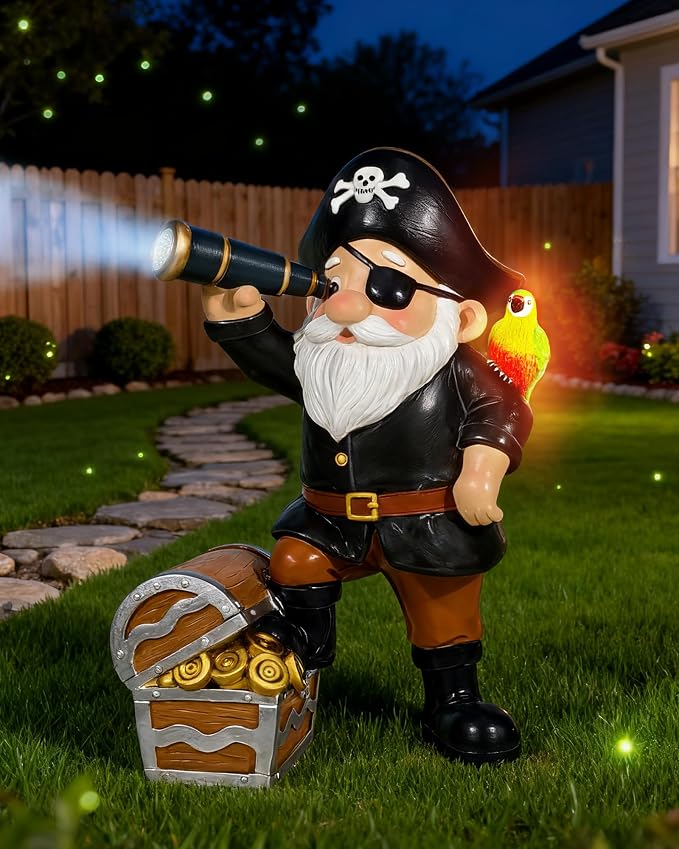 Solar Pirate Gnome Statue – Whimsical Outdoor Garden Decor for Yard, Patio, Lawn, Backyard – Ideal Gift for Women, Garden Lovers, Moms, Birthdays