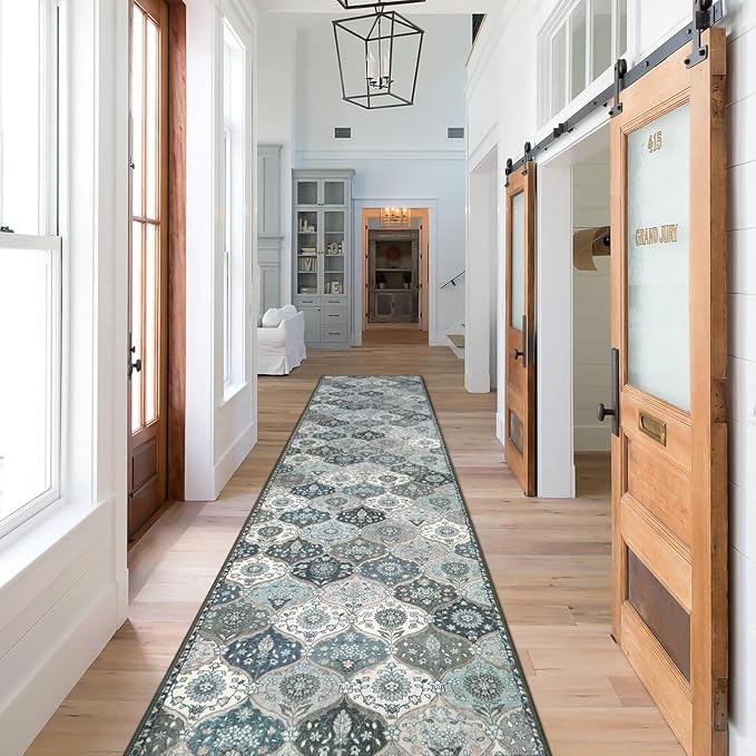 Lahome Moroccan Hallway Runner Rug Non Slip, 2x10 Washable Kitchen Runner | 2x10 Vintage Ultra-Thin Throw Long Carpet for Kitchen Entryway Bedroom Hallways Laundry Room Elise, Blue