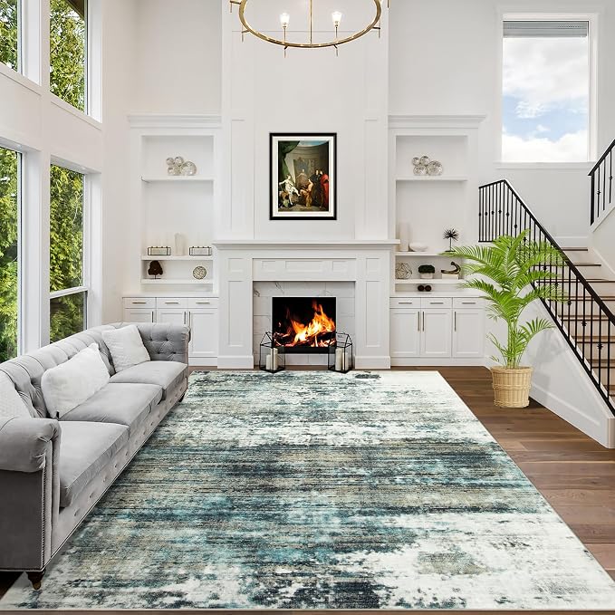 4x6 Area Rugs for Living Room: Washable Abstract Teal Green Badroom Carpet | Non-slip TPE backing makes this washable soft low-pile rug safe & durable, Pet-friendly decor for dining room,nursery,office