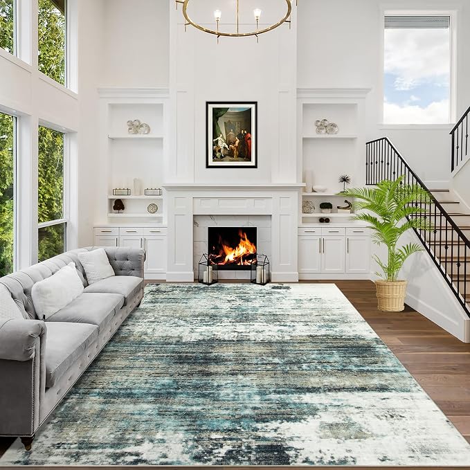 6x9 Area Rugs for Living Room: Washable Abstract Teal Green Badroom Carpet | Non-slip TPE backing makes this washable soft low-pile rug safe & durable, Pet-friendly decor for dining room,nursery,office