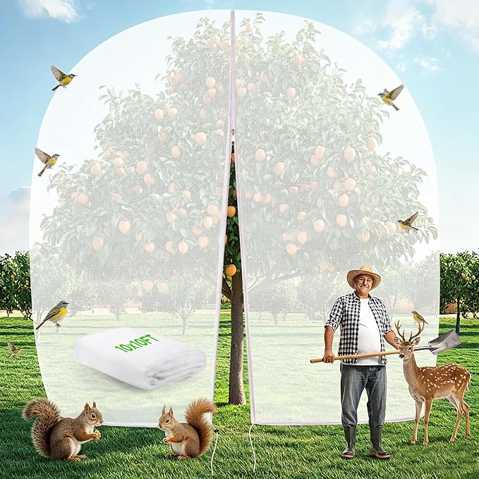 10 X 10FT Large Fruit Tree Netting, Tree Nets for Fruit Trees with Zipper and Drawstring, Insect Netting Barrier for Garden Blueberry Bushes Cherry Peach Apple Protection from Squirrels Birds Pests