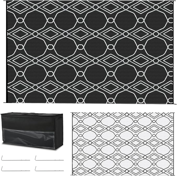 Kohree Outdoor Rug 6x9, Waterproof RV Outdoor Rugs, Reversible Outdoor Camping Rug Patio Rugs Clearance with 4 Corner Loops for RV, Deck, Backyard, Picnic, Easy to Clean & Carry, Black & White