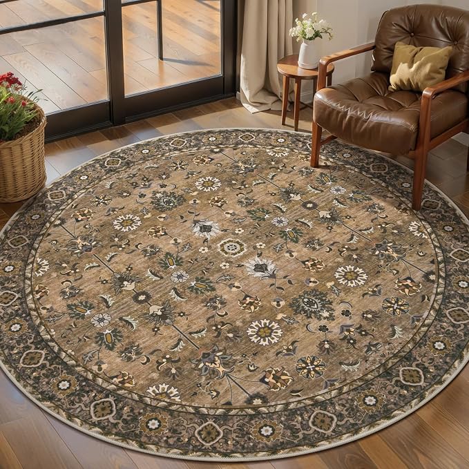 Tangsoo Washable Round Rug 4ft, Vintage Non Slip Small Circle Rugs Brown | Farmhouse Soft Low Pile Round Area Rug Carpet, Boho Circular Rugs for Living Room Bedroom Entryway Nursery Dorm Office Decor