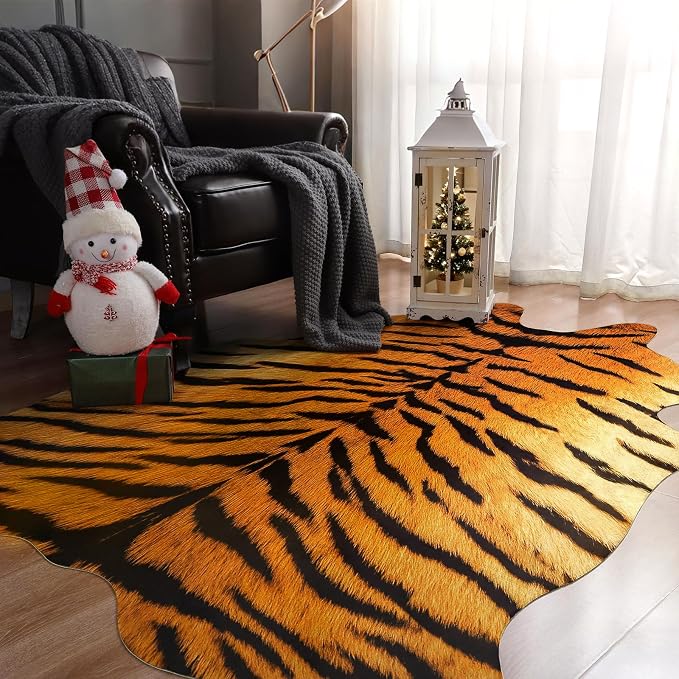 AROGAN Premium Tiger Print Rug, Faux Animal Hide Rugs, Non-Slip 4.6x5.2 Ft | Machine Washable Animal Print Hide Leopard Skin Area Rug for Bedroom Living Room Home Decor Pet Friendly