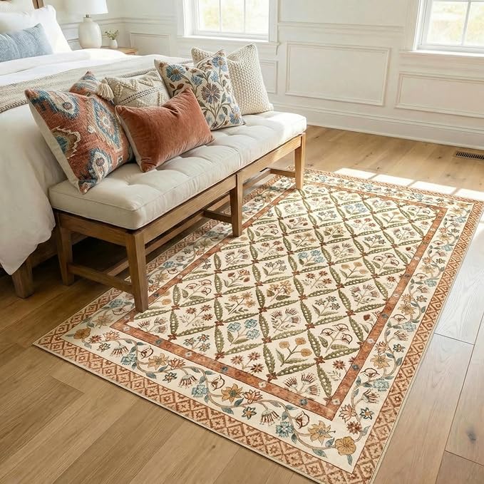 jinchan 4x6 Vintage Floral Washable Non Slip Bedroom Area Rug, Terracotta | Soft & Lightweight, Checkered Floral, Low Pile, Bedroom, Kitchen, Girls Dorm, Apartment, Small Living Room, Cottage Decor