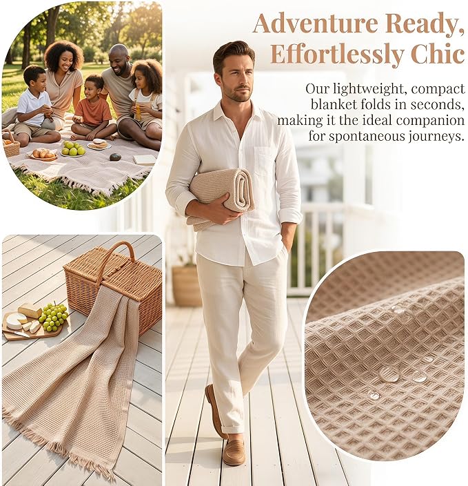 70"x 70" Picnic Blanket Extra Large,Layer Outdoor Blanket for 5 to 7 Adults,Camping Grass Lawn Park Accessories Cute Couple Gifts Ideas Wedding Registry for Park, Beach (Khaki)